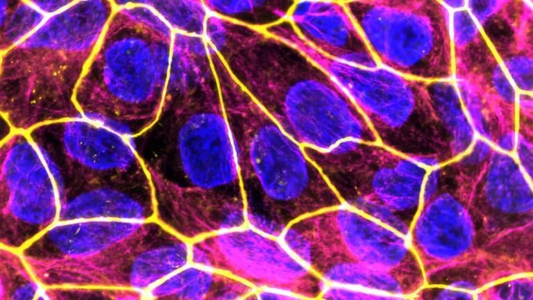 Die neuen Nanomedikamente zur Behandlung von Entzündungsprozessen in der Schwangerschaft sollen eine sichere Therapie für Mutter und Kind bieten. Im Bild: Das Plazenta-Modell unter dem Fluoreszenzmikroskop (blau: Zellkerne; gelb: Zell-zu-Zell-Kontakte). | Copyright: Empa